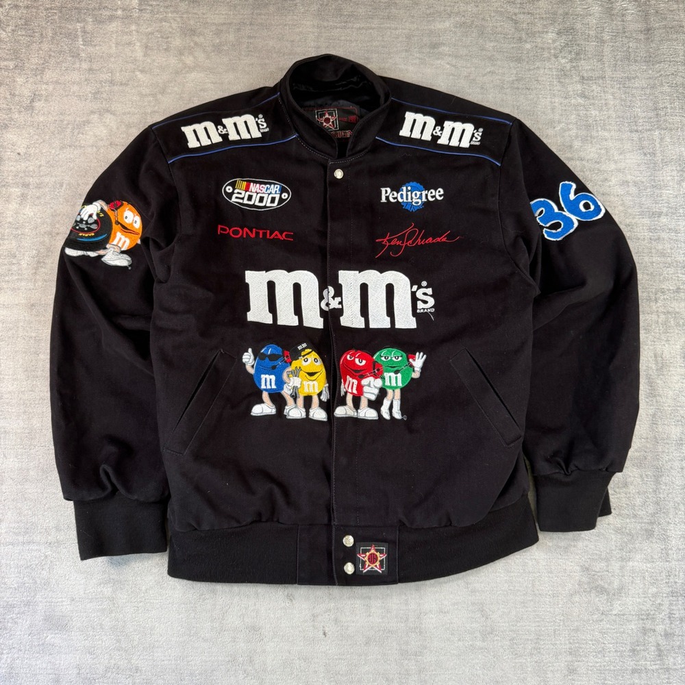 Ken Schrader Racing Jacket Mens Medium Black Y2K Vtg 2000 M&Ms JH Design NASCAR